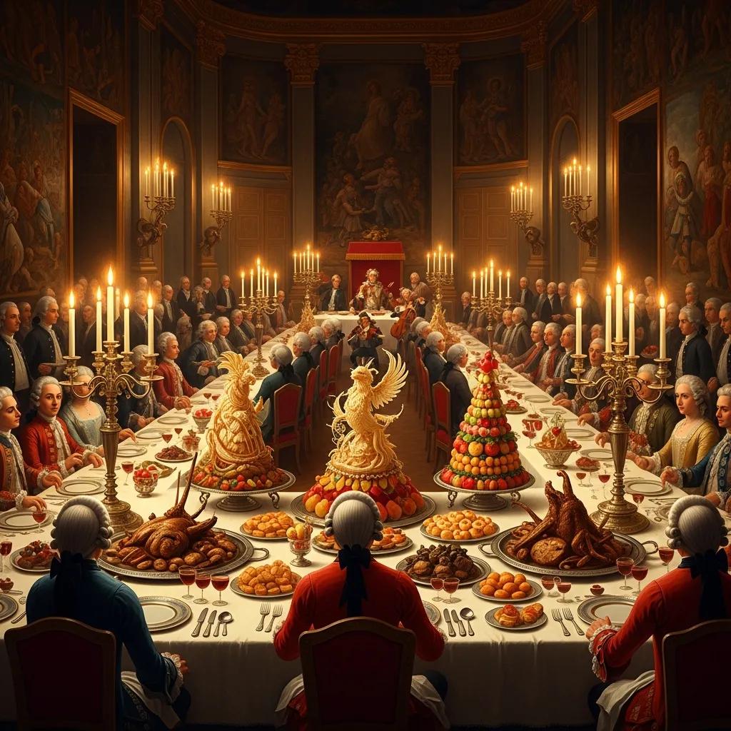 Lavish royal banquet scene showing how spectacle shaped fine dining
