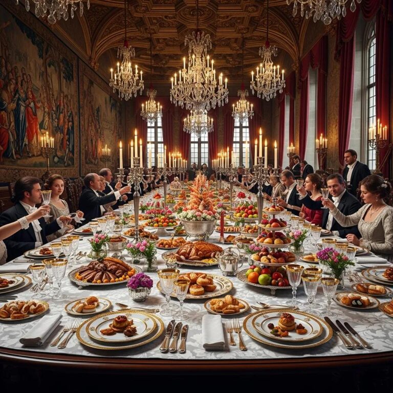 Lavish royal banquet featuring ornate tableware, extravagant dishes, and elegantly dressed guests in a grand hall with chandeliers and floral arrangements.