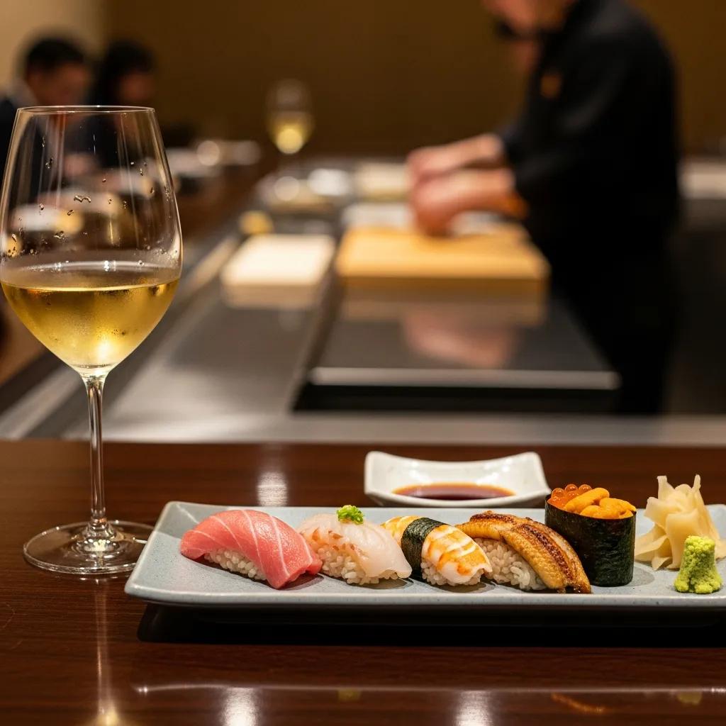 Light-bodied white wine paired with assorted omakase sushi, featuring tuna, eel, and other delicate fish, set against a blurred sushi chef preparing in the background.