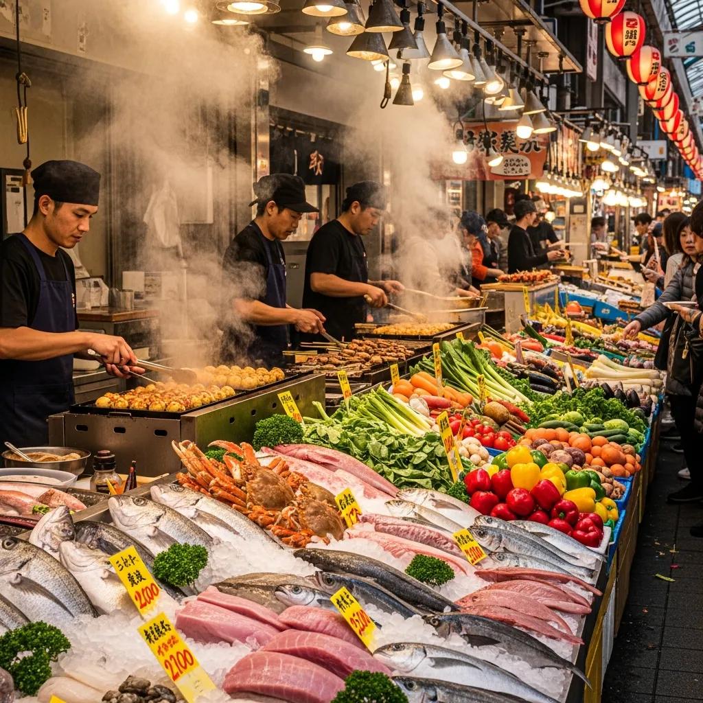 A lively Tokyo market stacked with fresh seafood and street-food stalls, illustrating unique local culinary culture