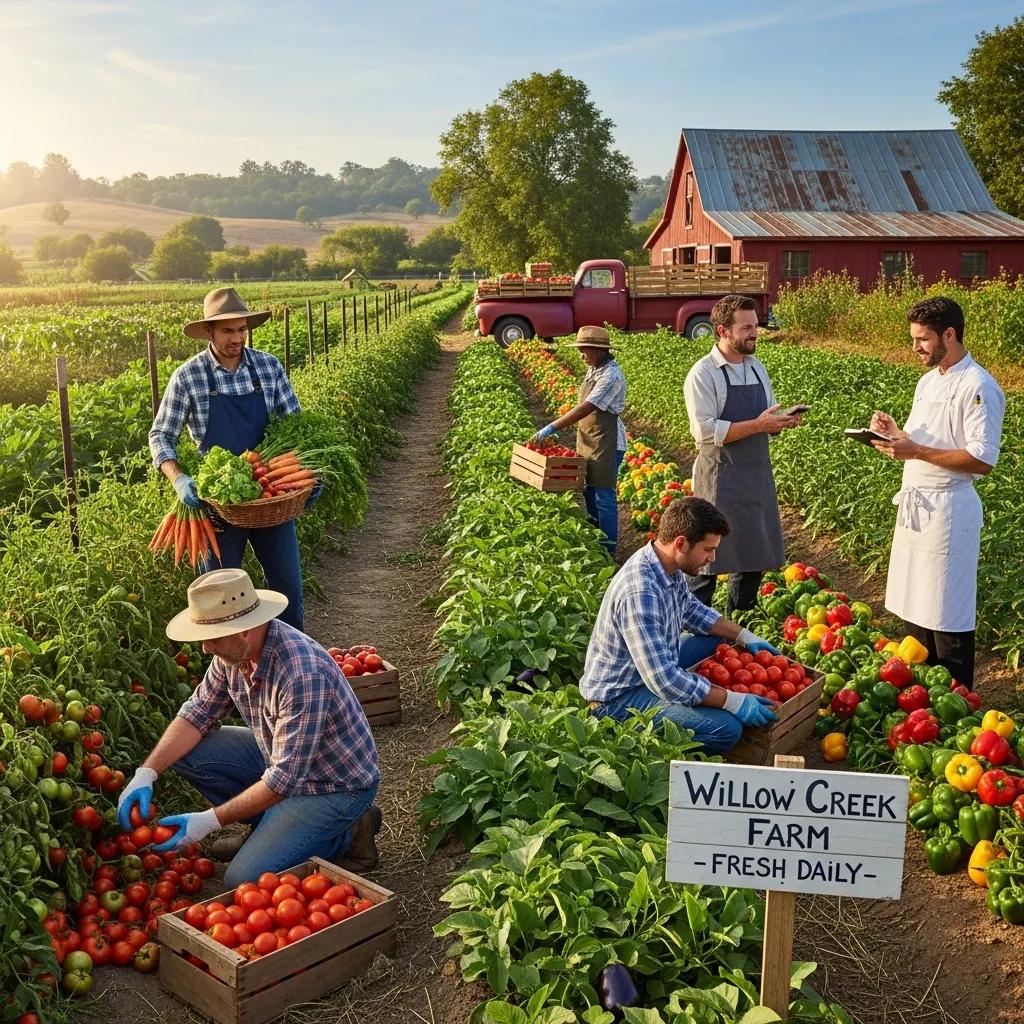 Local farmers harvesting produce to illustrate Kaviar's partnership with nearby farms