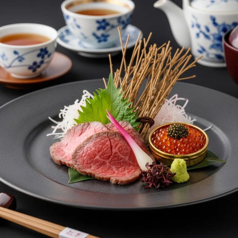 Luxurious A5 Wagyu beef with caviar, seasonal vegetables, and garnishes, emphasizing Kaviar's commitment to eco-conscious fine dining.