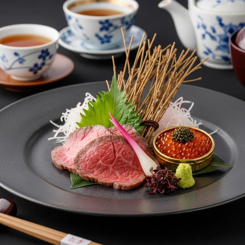 Luxurious A5 Wagyu beef slices accompanied by caviar, wasabi, and garnished with fresh herbs and vegetables, reflecting Kaviar's commitment to sustainable fine dining in Pasadena.