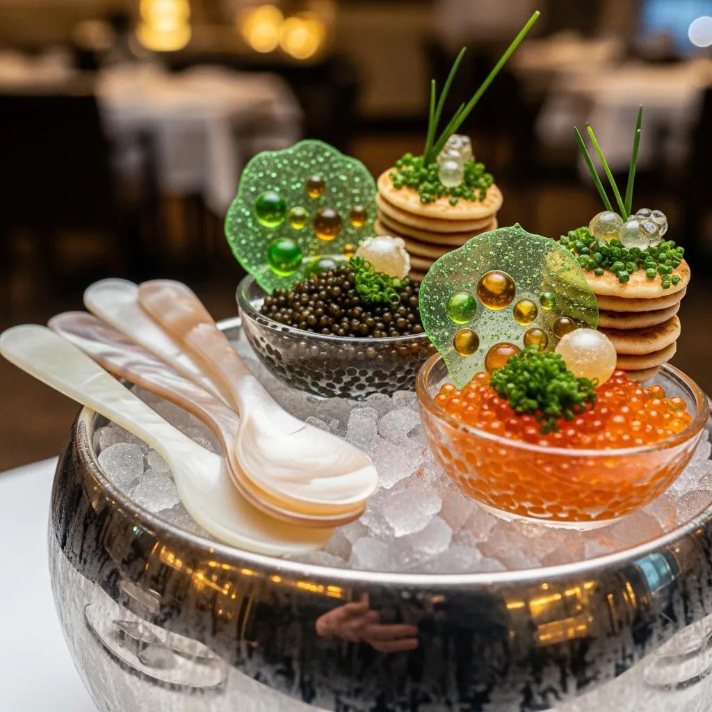 Luxurious caviar presentation at Kaviar Restaurant featuring black and orange caviar, delicate garnishes, and molecular elements on ice with mother-of-pearl spoons.
