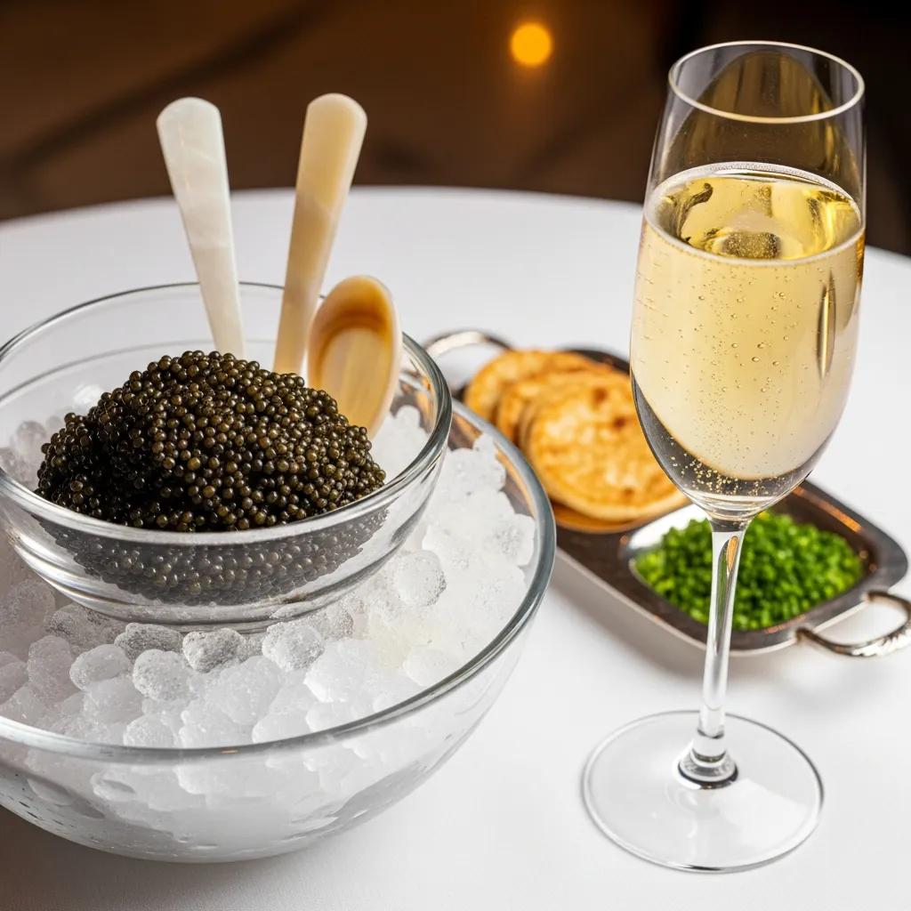 Caviar plated with Champagne, showcasing the classic sparkling pairing