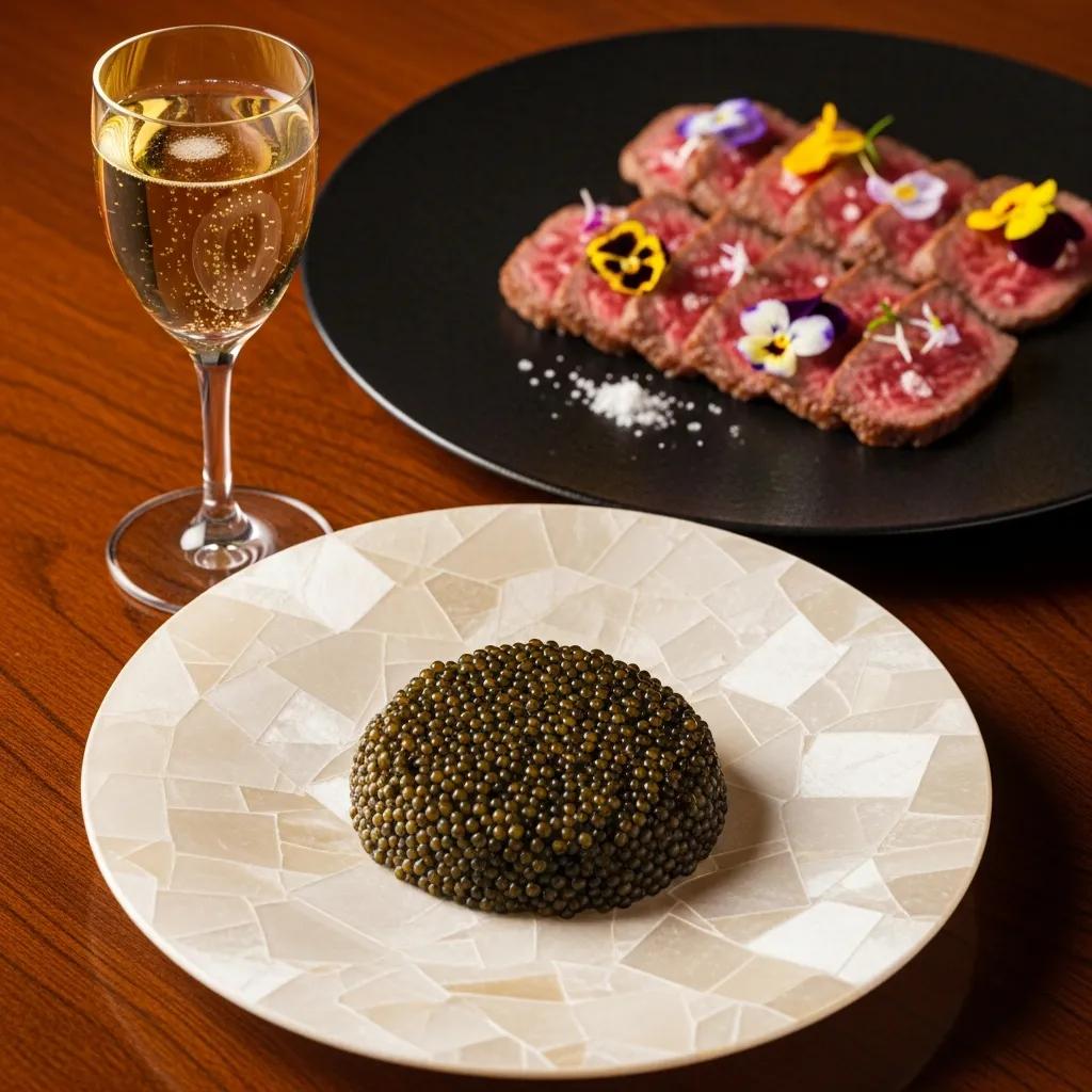 Luxurious caviar service and A5 Wagyu dish highlighting fine dining etiquette