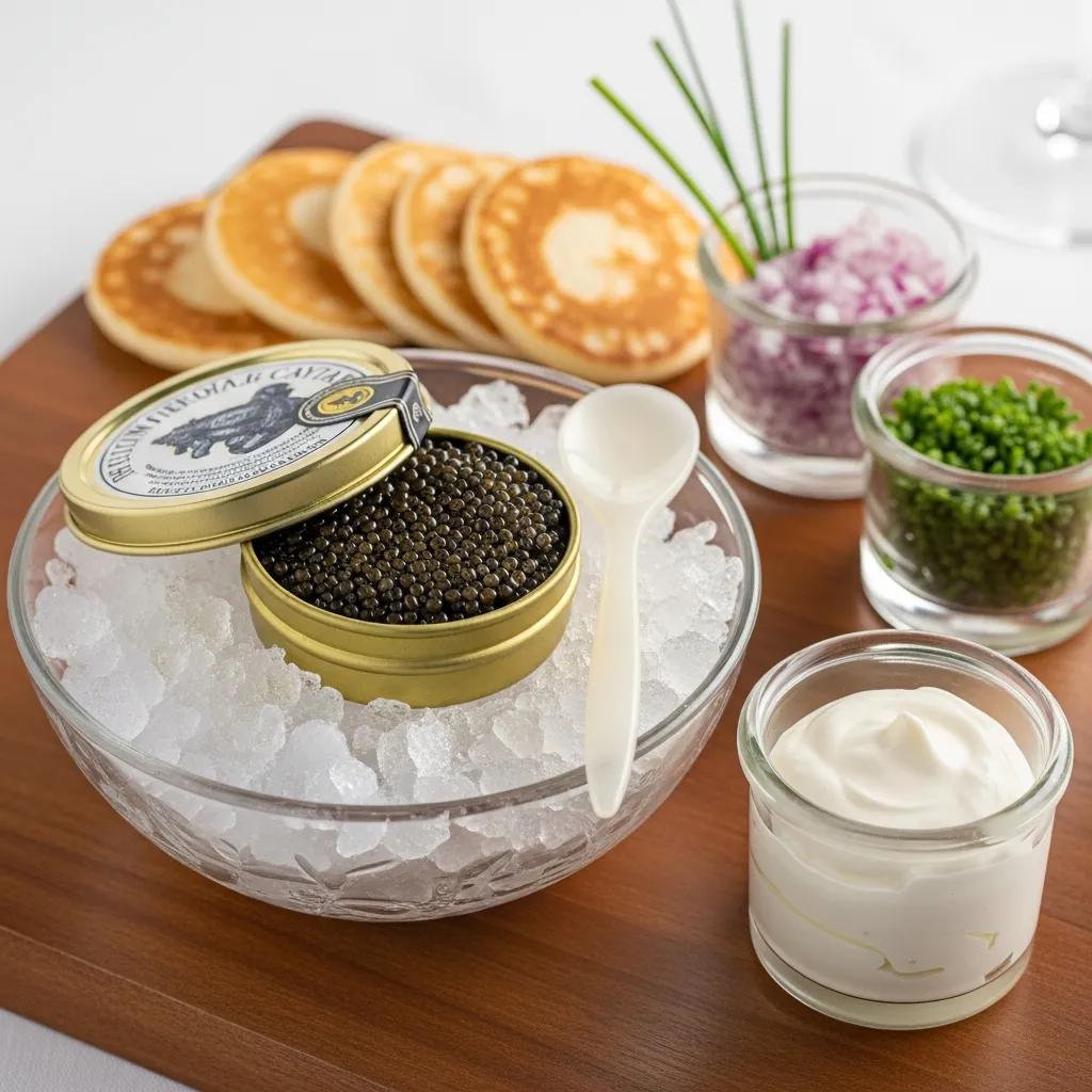 Caviar served with mother-of-pearl spoon, blinis, and elegant presentation