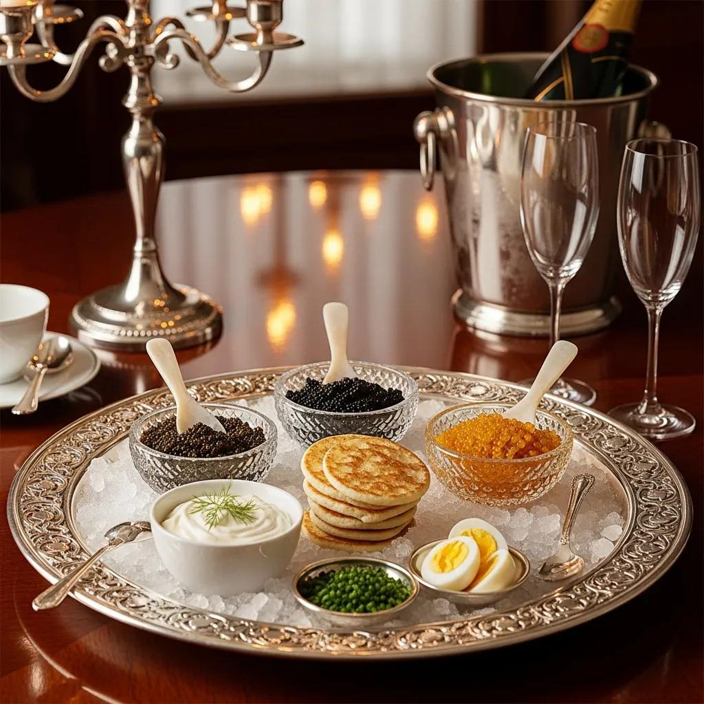 Luxurious caviar service featuring black and orange caviar, traditional accompaniments like blinis, cr&egrave;me fra&icirc;che, and garnishes, elegantly presented on a silver platter in a refined dining setting, with champagne flutes and a champagne bucket in the background.