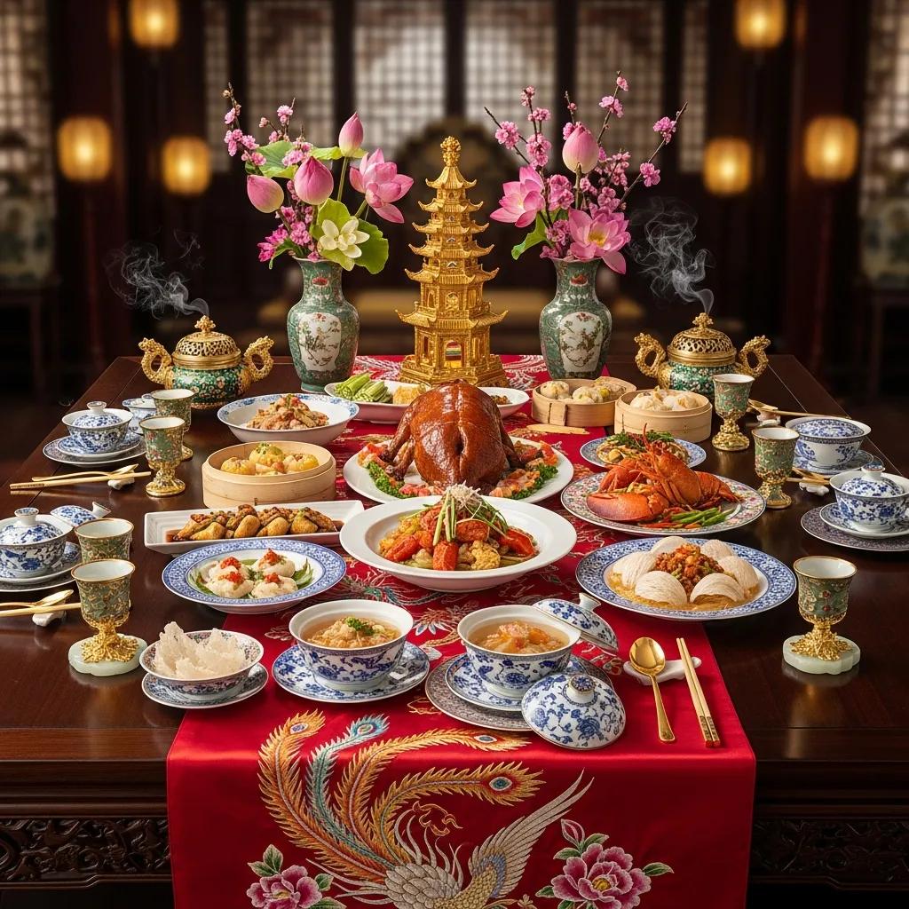 Luxurious Chinese imperial dining table with ornate dishes and elegant tableware
