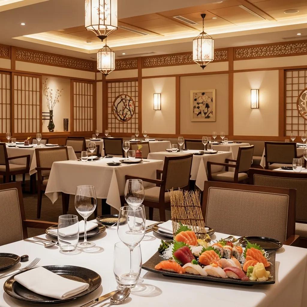 Luxurious dining area at Kaviar Restaurant with elegant Japanese decor and sushi platter
