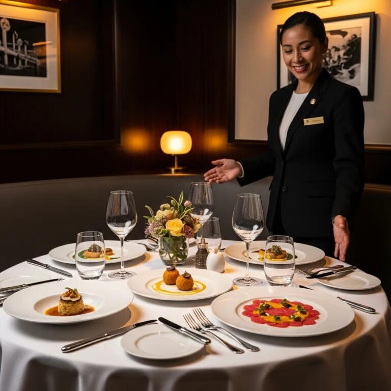 Elegant table setting at Kaviar restaurant featuring Japanese fine dining appetizers, attentive server presenting dishes, floral centerpiece, and luxurious ambiance.