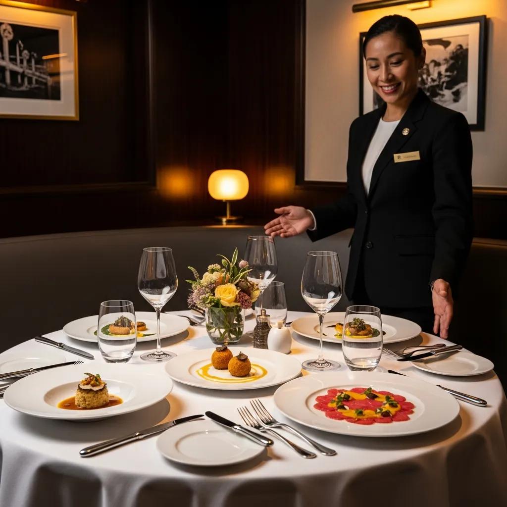 Luxurious dining table setting at Kaviar Restaurant featuring elegant dishes, attentive staff member presenting fine dining experience, and floral centerpiece.