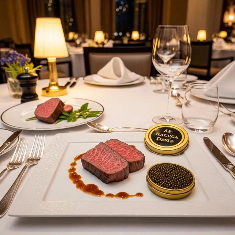 Luxurious dining experience featuring A5 Wagyu beef and Kaluga caviar in an elegant restaurant setting