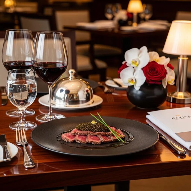 Luxurious dining setting featuring A5 Wagyu beef and caviar on a black plate, accompanied by red wine and water glasses, elegant table decor with roses, and Kaviar Restaurants menu.
