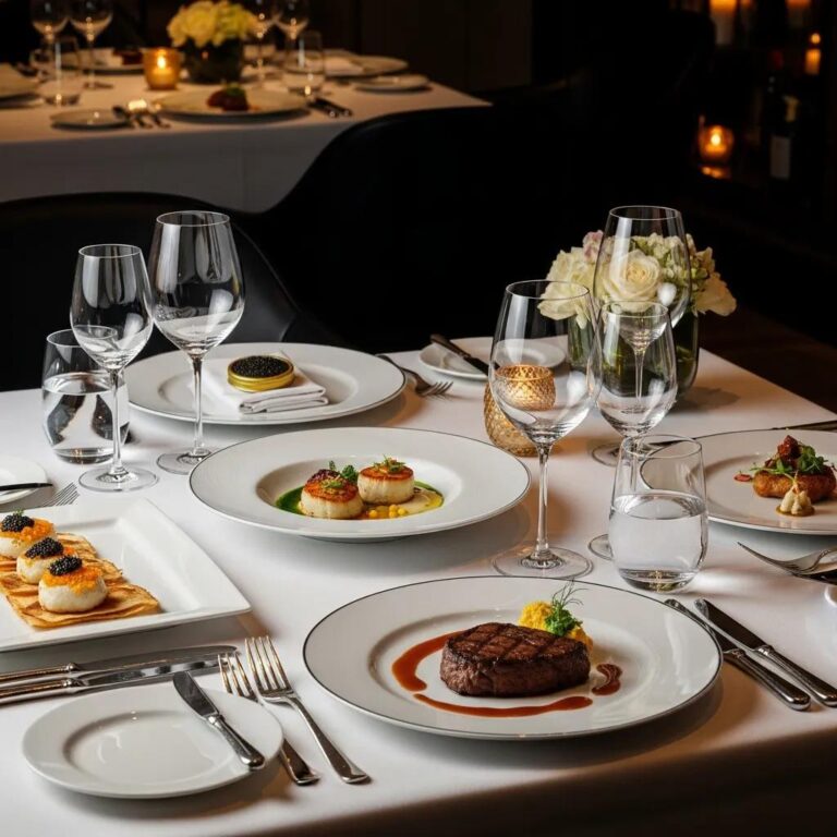 Luxurious dining setup at Kaviar Restaurant with elegant tableware and gourmet dishes