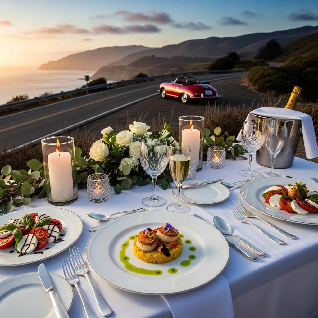 Luxurious dining setup for a Michelin star meal with gourmet dishes and elegant tableware