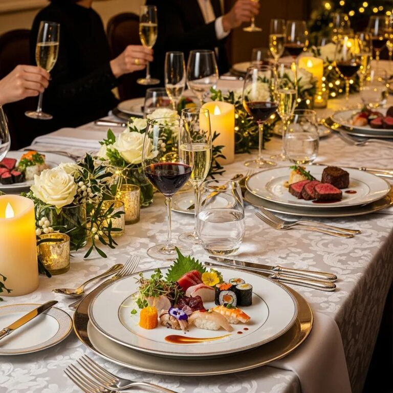 Luxurious dining setup for New Year's Eve gala featuring elegant table decor, assorted omakase sushi, A5 Wagyu beef, fine wines, and candlelight ambiance at Kaviar Restaurants.