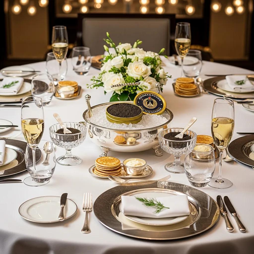 Luxurious dining setup for serving caviar with elegant utensils and decor