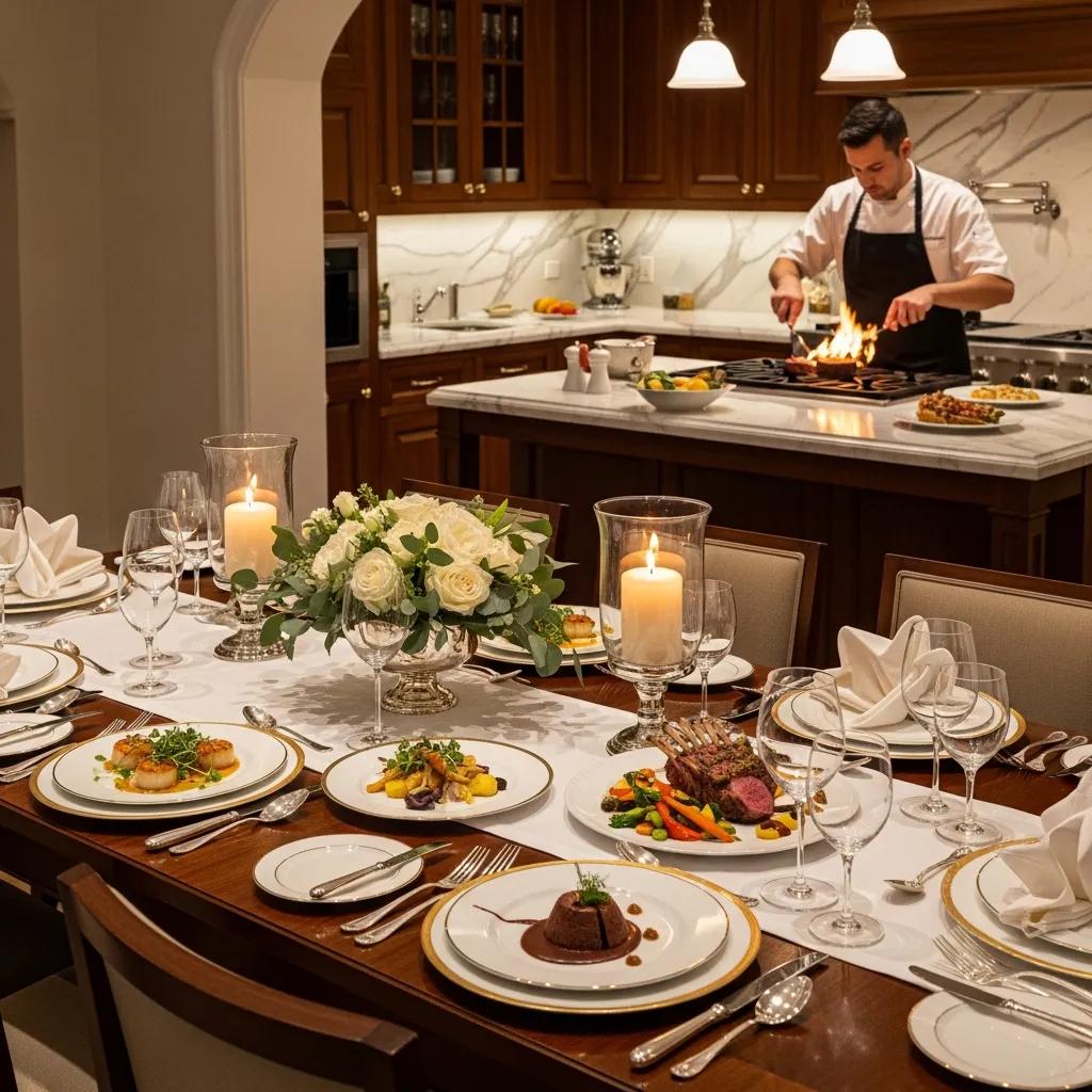 Luxurious dining setup with gourmet dishes, elegant tableware, and a private chef preparing food in a stylish kitchen, emphasizing fine dining and personalized culinary experiences.