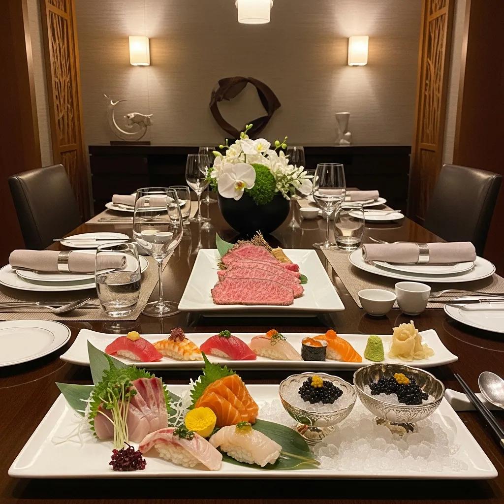 Luxurious dining table set for a gourmet Japanese meal featuring A5 Wagyu and caviar
