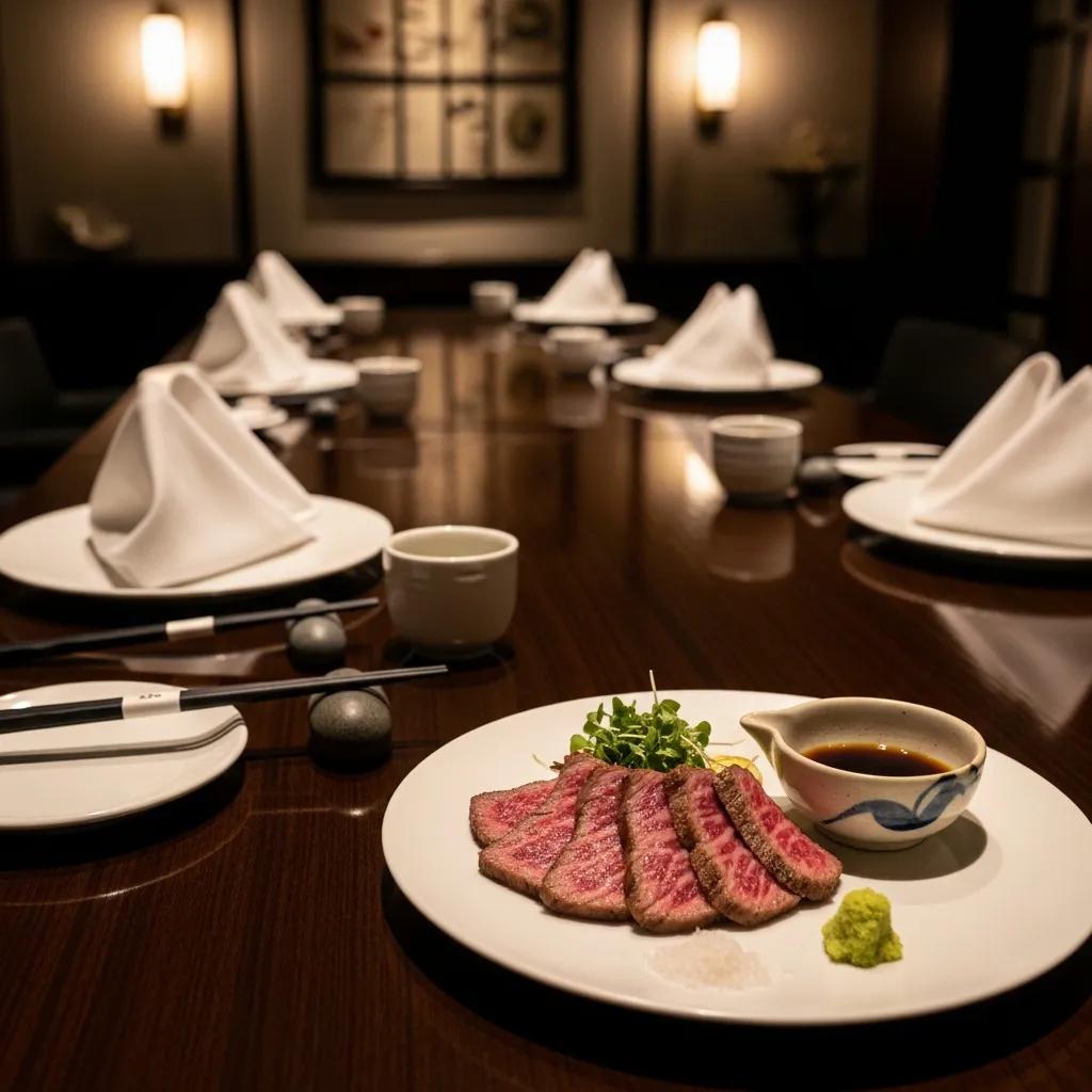 Luxurious dining table set for an omakase experience with A5 Wagyu steak
