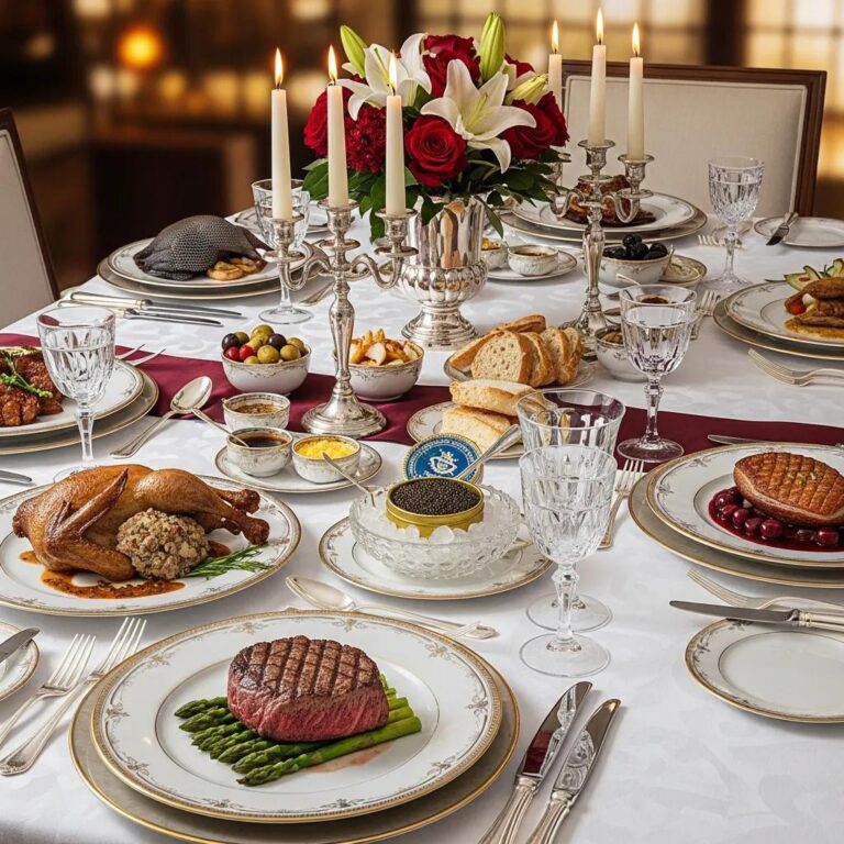 Luxurious dining table showcasing A5 Wagyu beef, Kaluga caviar, and gourmet poultry in an elegant setting
