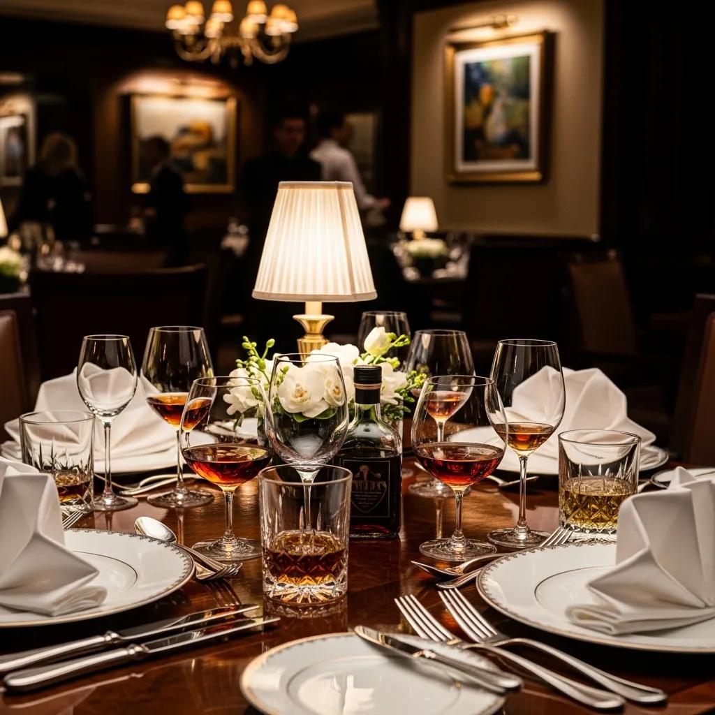 Luxurious dining table set for fine dining, featuring elegant glassware, various digestifs, and floral centerpiece under soft lighting.