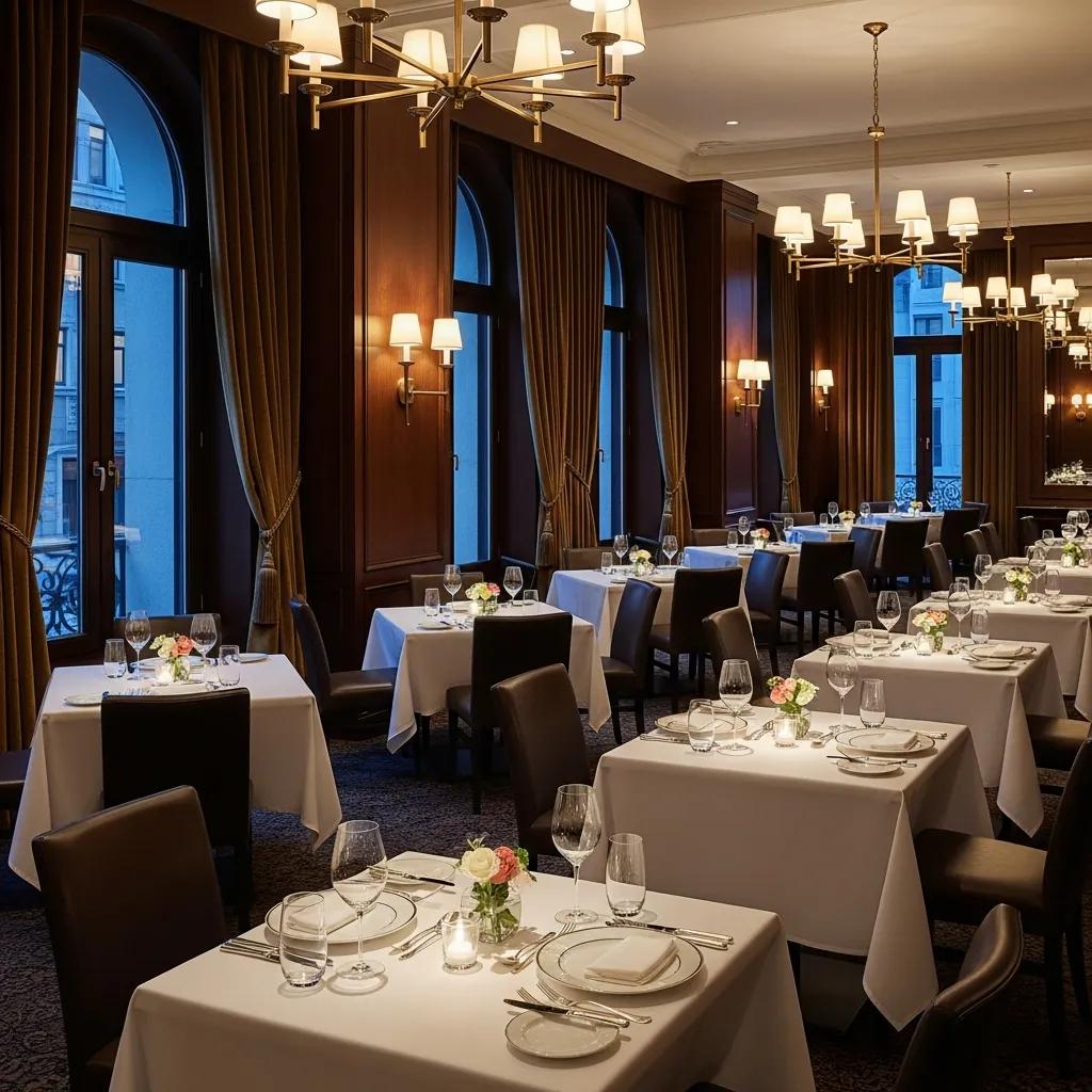 Luxurious dining venue interior with elegant decor, featuring well-set tables for corporate meetings, ambient lighting, and a sophisticated atmosphere ideal for private discussions and fine dining experiences.