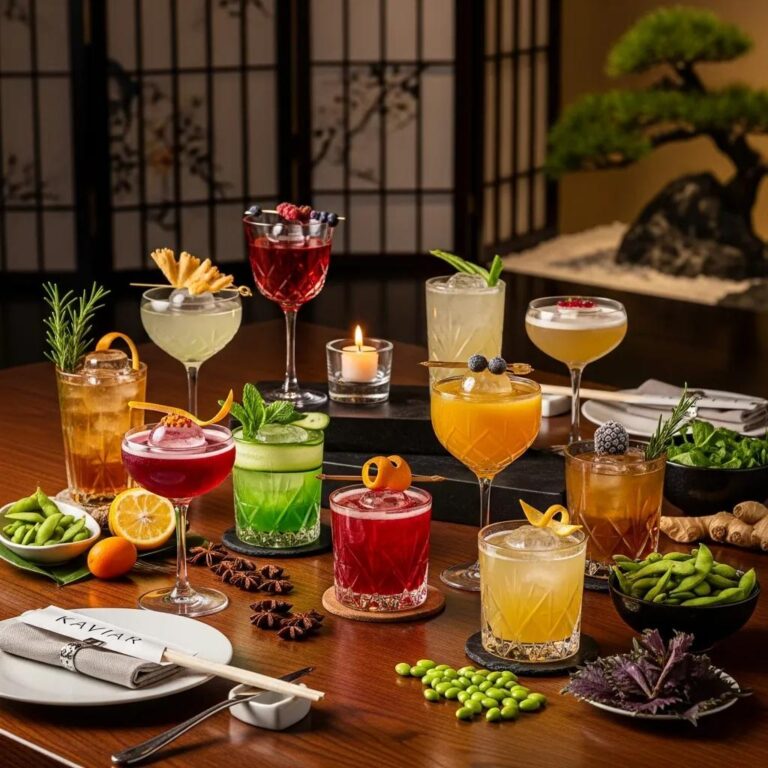 Luxurious display of Kaviar's signature craft cocktails in an elegant Japanese fine dining setting