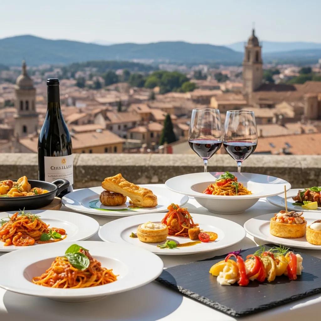 Luxurious European culinary road trip featuring gourmet dishes in a scenic outdoor setting