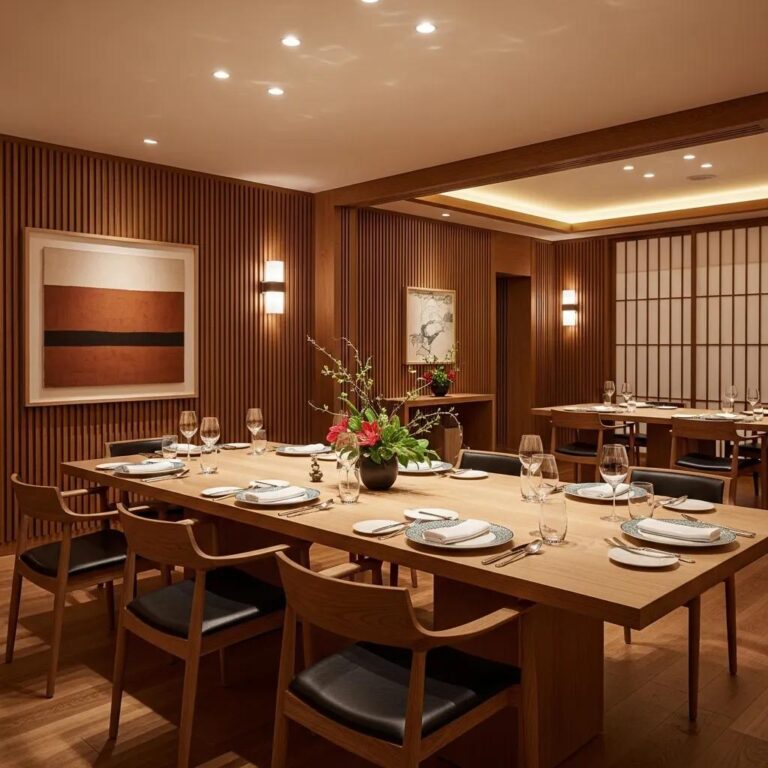 Luxurious fine dining restaurant interior with Japanese aesthetics, featuring warm woods and elegant table settings