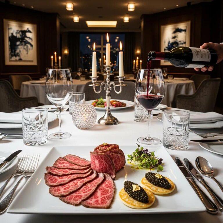 Luxurious fine dining table setting featuring expertly plated beef with caviar, accompanied by elegant glassware and candles, highlighting Kaviar's culinary innovation and upscale dining experience.