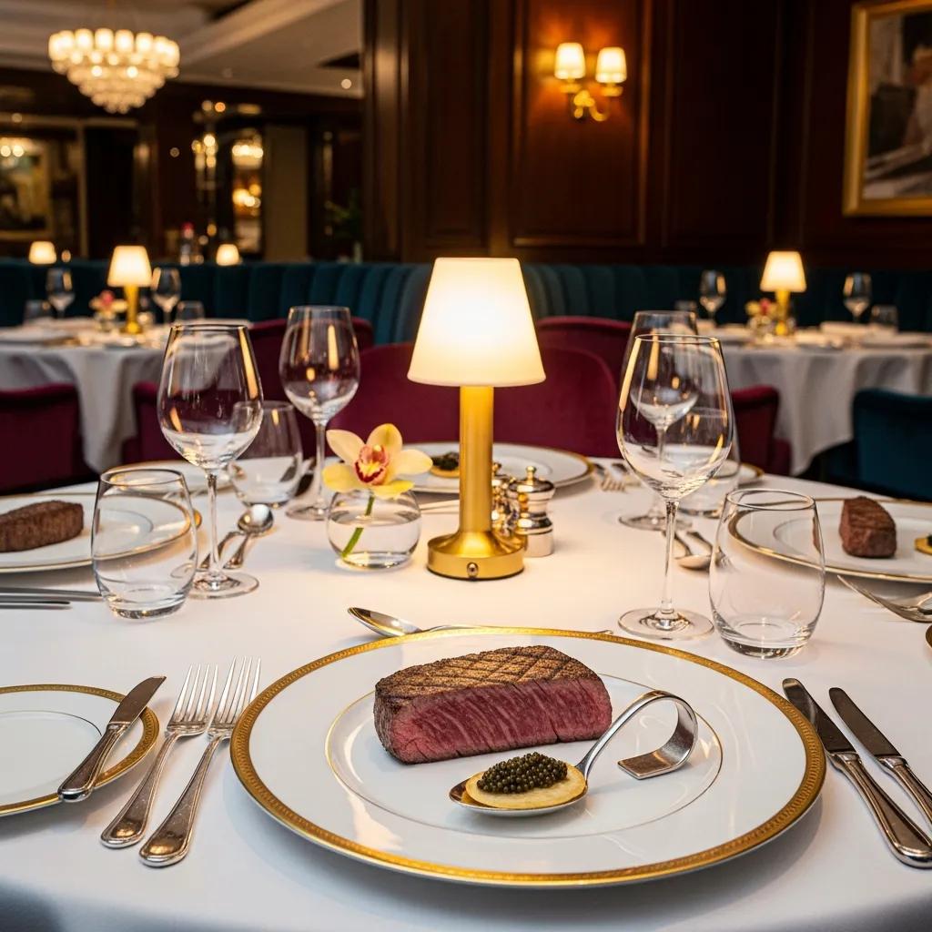 Luxurious fine dining table setting with gourmet dishes and elegant decor