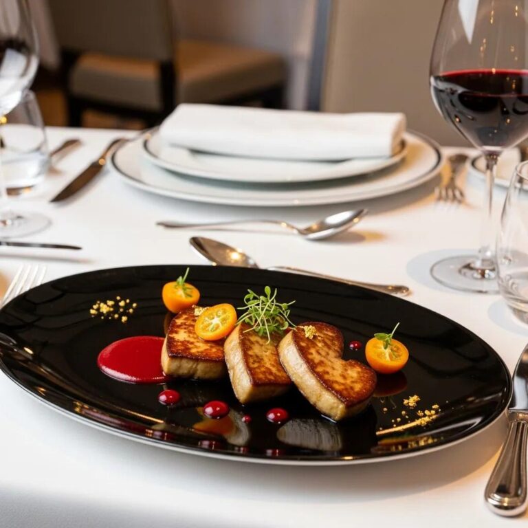 Luxurious foie gras dish elegantly plated in a fine dining setting, showcasing gourmet presentation and rich textures
