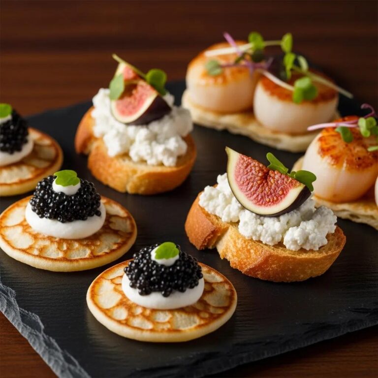 Luxurious gourmet appetizer platter featuring caviar, blinis, goat cheese crostini, and seared scallops, presented on a sleek black slate.