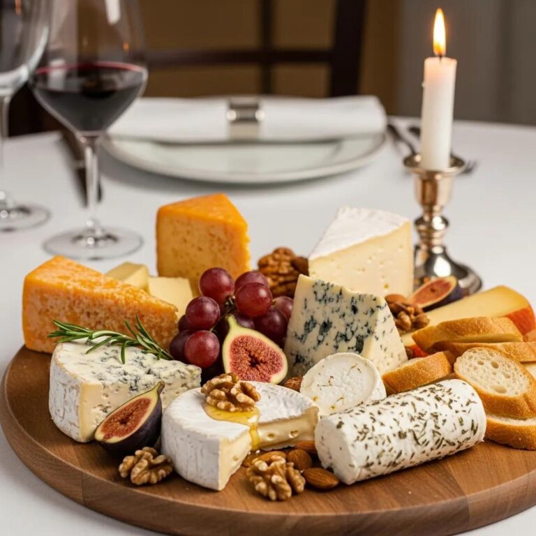Luxurious gourmet cheese platter featuring a variety of artisanal cheeses, fresh fruits, nuts, and wine, set in an elegant dining context at Kaviar Pasadena.