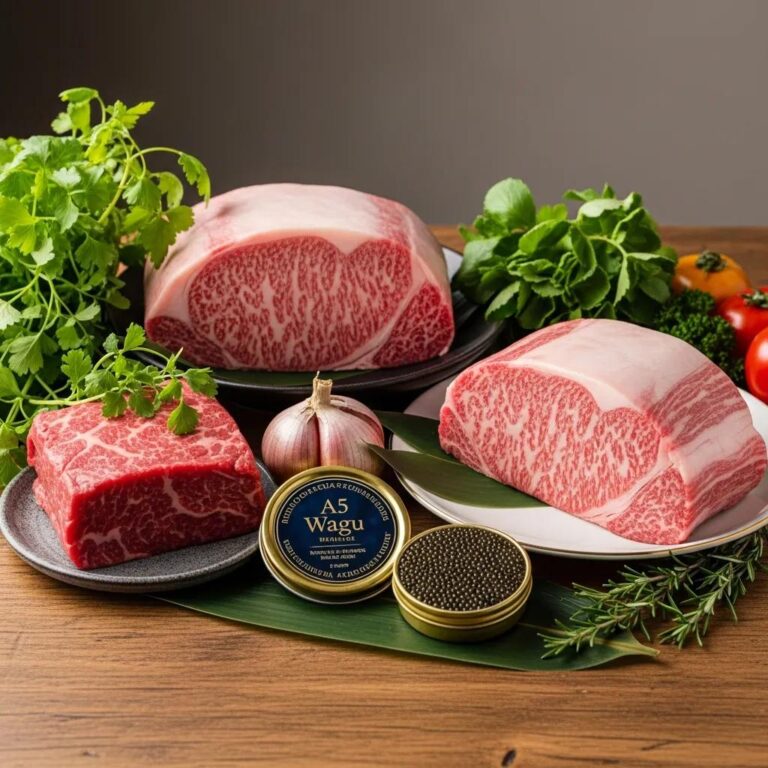 Luxurious gourmet ingredients including A5 Wagyu beef and premium caviar on a rustic wooden table