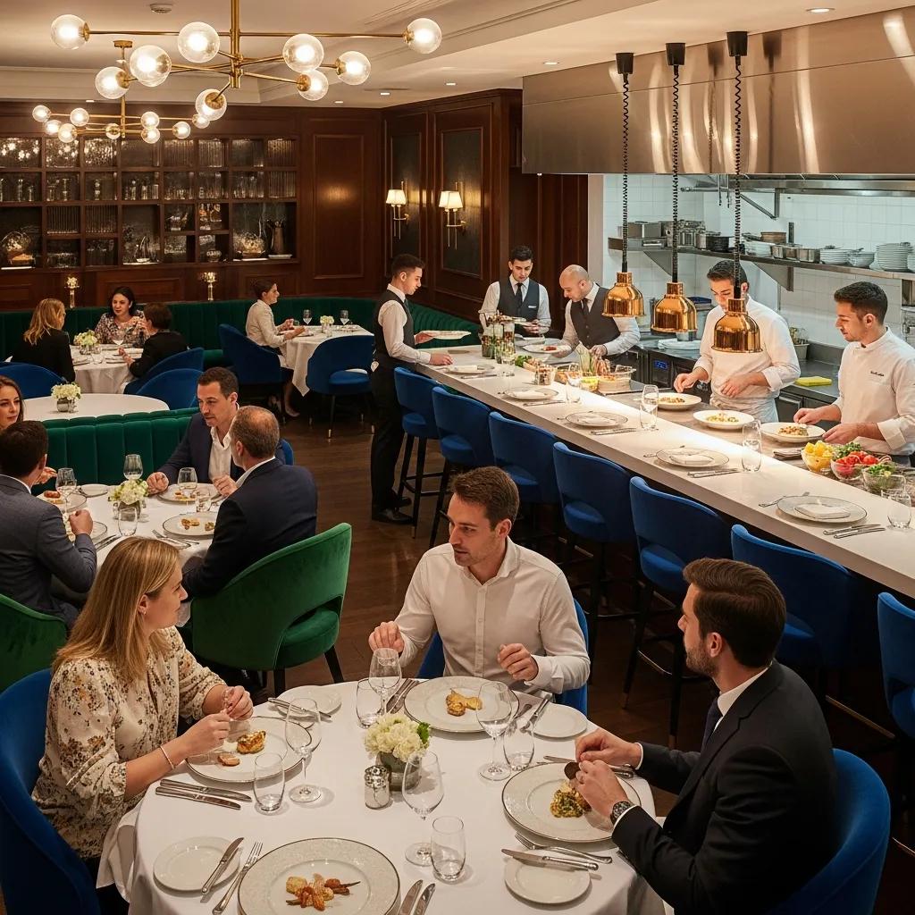 Luxurious interior of Kaviar Restaurant featuring attentive service, guests enjoying fine dining, and chefs preparing dishes in an open kitchen, highlighting innovative culinary experiences.