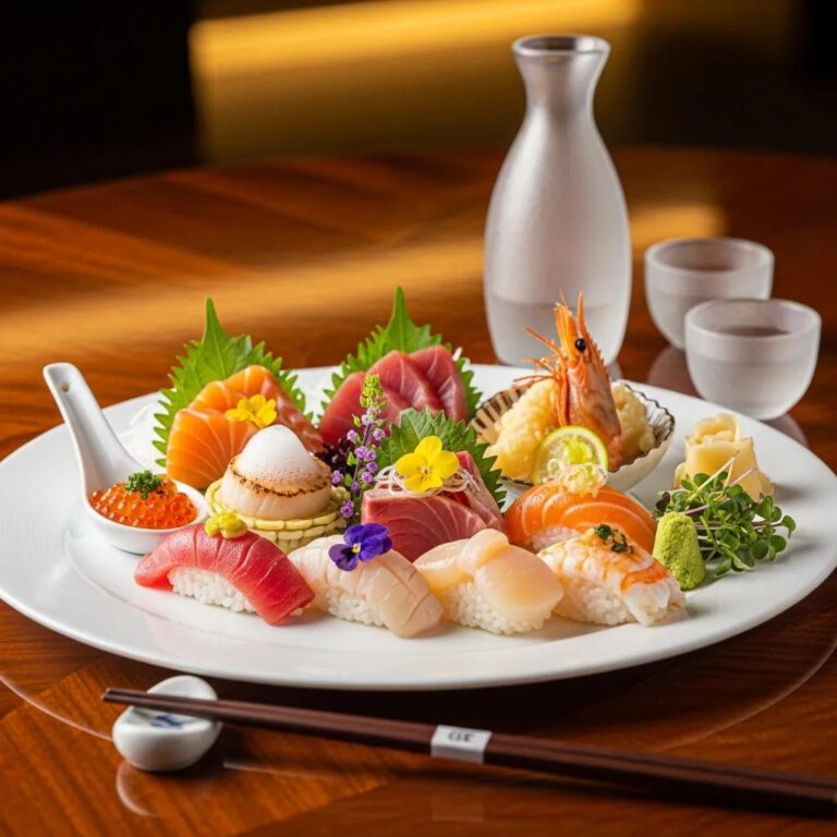 Luxurious Japanese fine dining seafood platter showcasing sushi and sashimi
