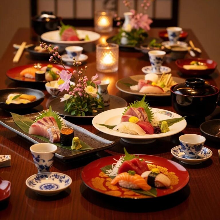 Luxurious Japanese fine dining setup with sushi and elegant dishware