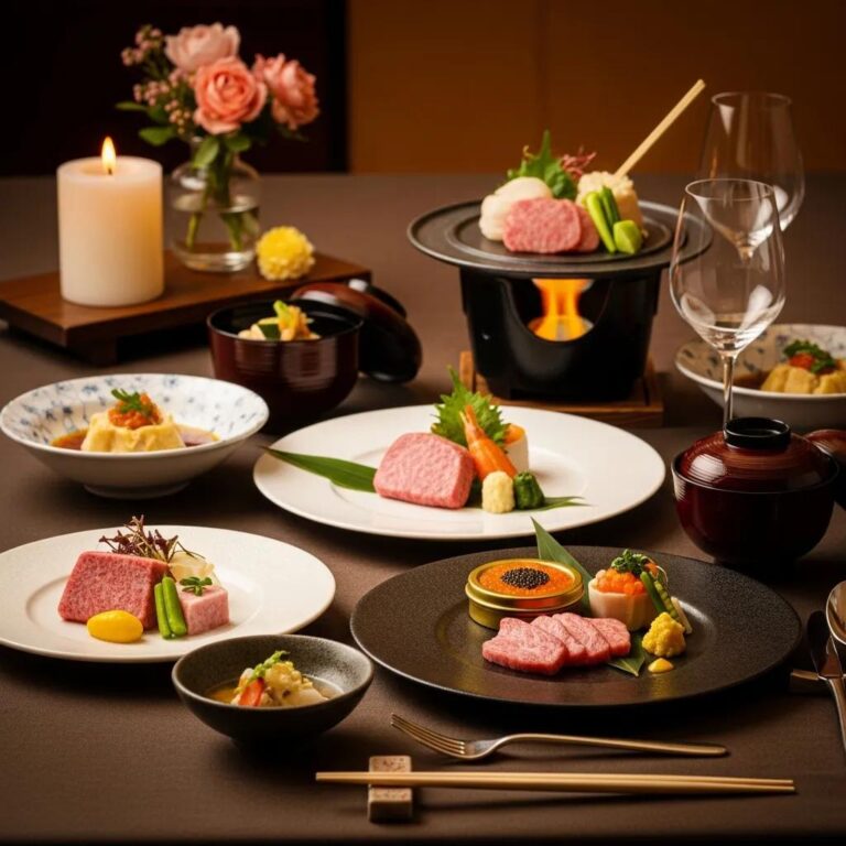 Luxurious Japanese fine dining table set featuring A5 Wagyu, caviar, seasonal vegetables, and artisanal dishes, complemented by elegant glassware and candlelight, ideal for a birthday celebration at Kaviar.