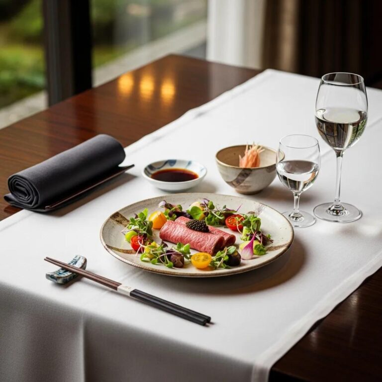 Luxurious Japanese fine dining table set with seasonal ingredients, premium proteins, and elegant tableware, featuring sashimi, vibrant garnishes, and beverages in a refined setting.