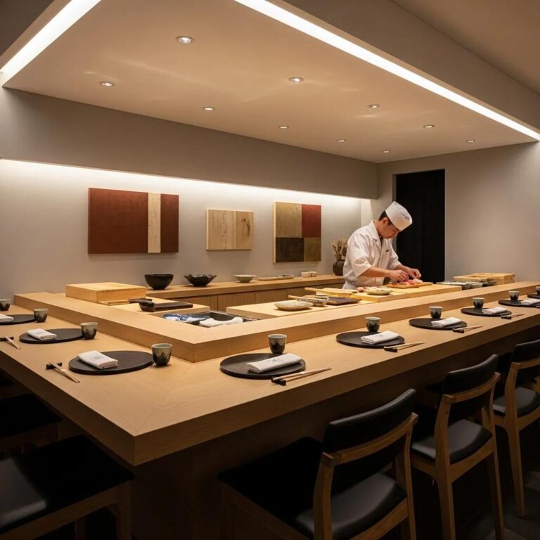 Luxurious Japanese restaurant interior featuring a minimalist design, elegant dining setup, and a chef preparing sushi at a wooden counter, emphasizing fine dining experience at Kaviar.