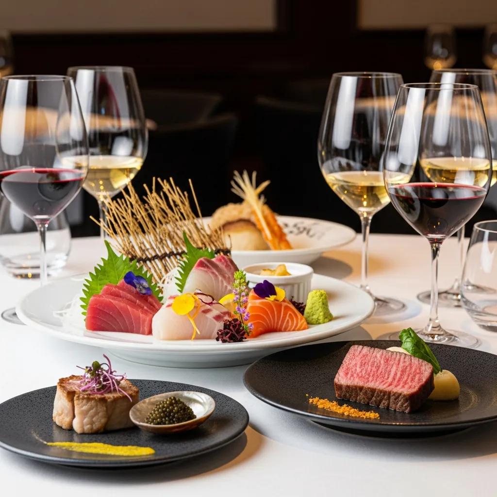 Luxurious Japanese tasting menu with sashimi, A5 Wagyu, and wine pairings in an elegant restaurant setting