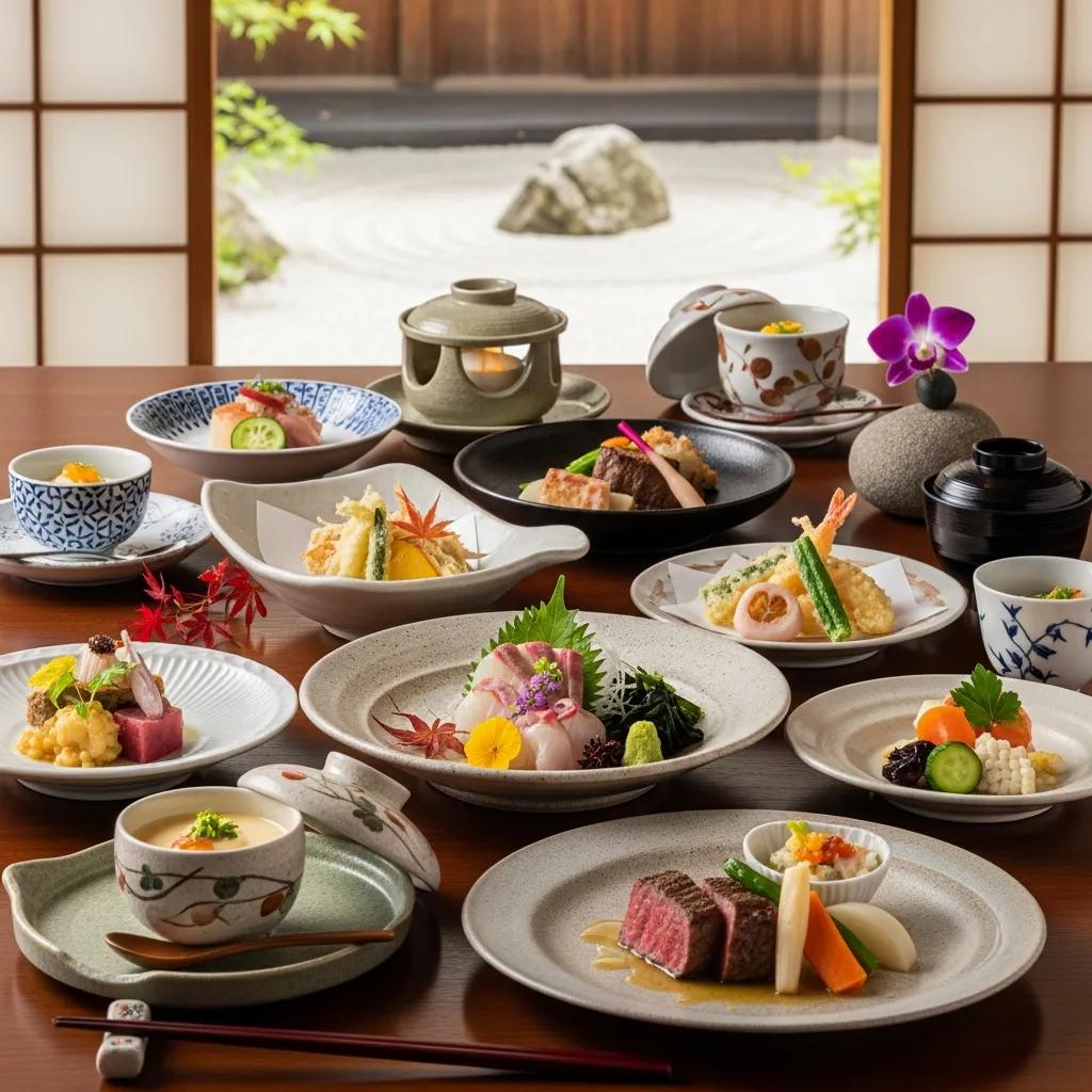 Luxurious kaiseki dining table with seasonal dishes in a serene Japanese restaurant setting