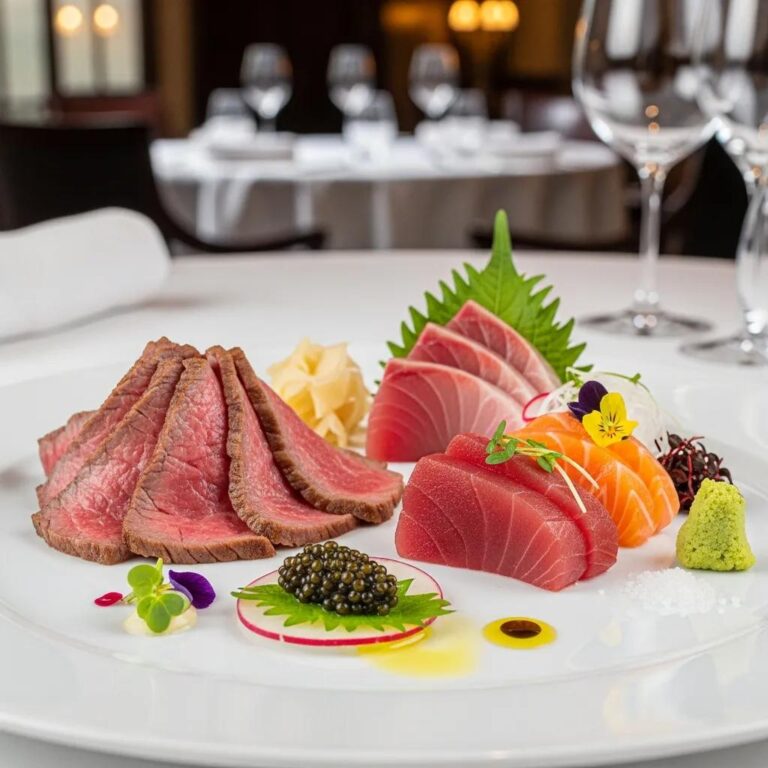 Luxurious low-carb gourmet meal featuring A5 Wagyu, sashimi, and caviar in an elegant dining setting