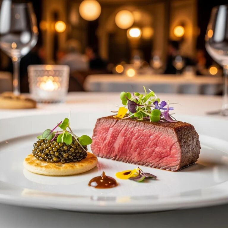 Luxurious Michelin star dish featuring A5 Wagyu beef with caviar, garnished with microgreens, presented in an elegant dining setting at Kaviar Restaurants.