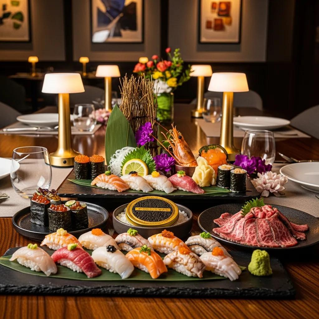 Luxurious omakase dining experience featuring an array of sushi, caviar, A5 Wagyu, and vibrant garnishes in an elegant restaurant setting.