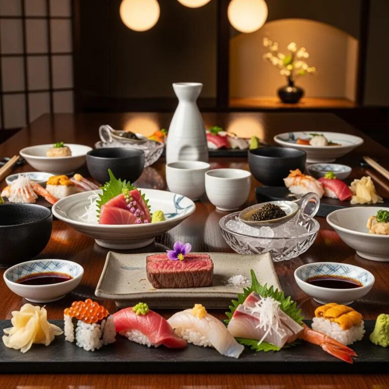 Luxurious omakase dining experience featuring A5 Wagyu, caviar, and seasonal sushi elegantly presented on a wooden table with traditional Japanese tableware.