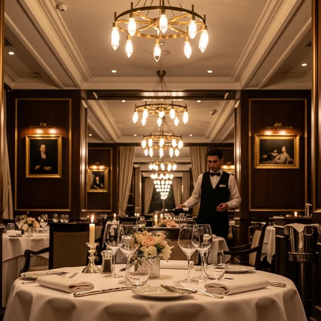 Luxurious Parisian restaurant interior featuring fine dining elements, elegant table settings with glassware and floral centerpiece, attentive waiter in formal attire, ambient lighting, and sophisticated decor reflecting upscale dining experience.